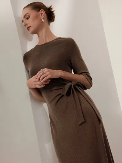 Oglmove Slub Ribbed Round Neck Elbow Sleeve Tie-waist Midi Dress In Umber Wood Brown