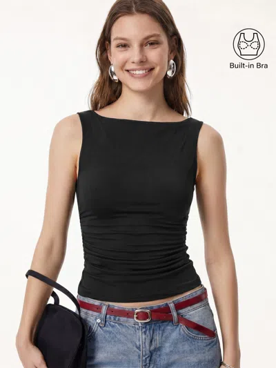 Oglmove Smooth Boatneck Ruched Bra Top In Black