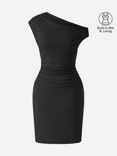 Oglmove Soft Cotton Lyocell Ruched Asymmetrical Shoulder Mini Bra Dress In Black