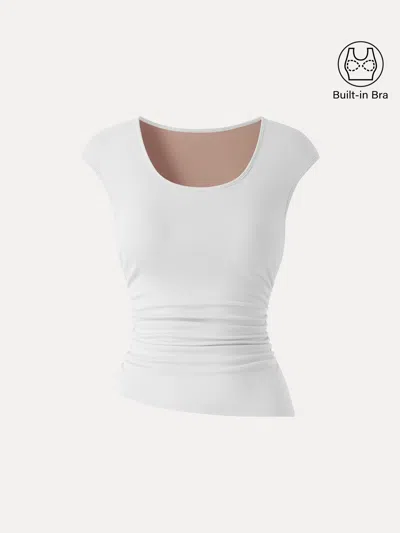 Oglmove Soft Linen Knit Scoop Neck Ruched Bra Top In White