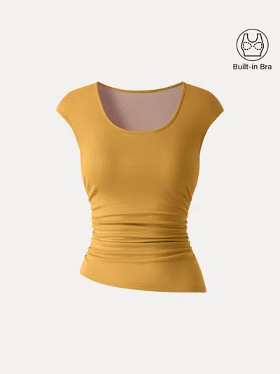 Oglmove Soft Linen Knit Scoop Neck Ruched Bra Top In Yellow
