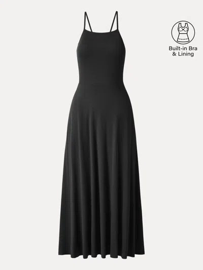 Oglmove Soft Linen Knit Spaghetti Midi Bra Dress In Black