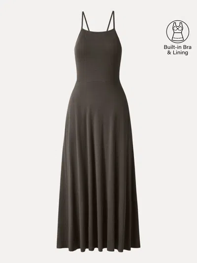 Oglmove Soft Linen Knit Spaghetti Midi Bra Dress In Brown