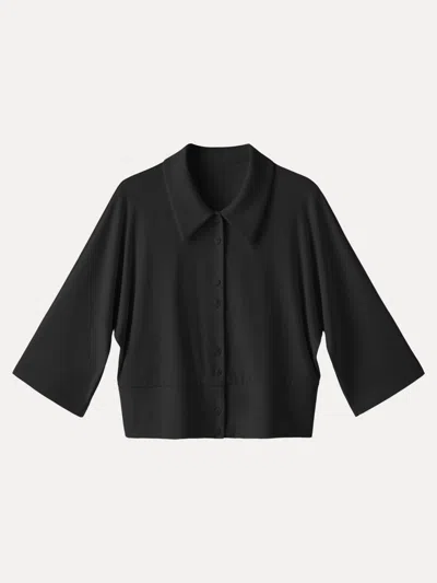 Oglmove Soft Stretch Collared Button-up Shirt Cardigan In Black