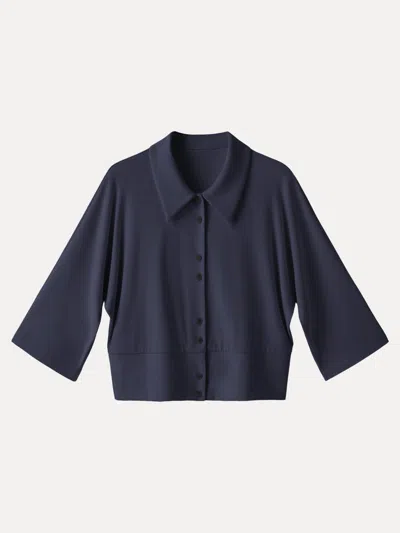 Oglmove Soft Stretch Collared Button-up Shirt Cardigan In Blue