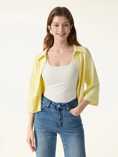 Oglmove Soft Stretch Collared Button-up Shirt Cardigan In Yellow