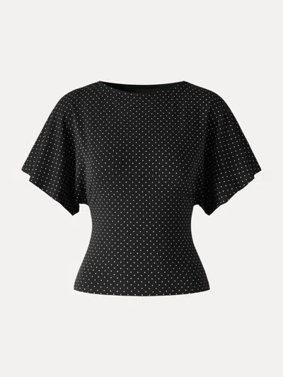 Oglmove Soft Stretch Cotton Boatneck Flutter Sleeves Polka Dot Top In Black