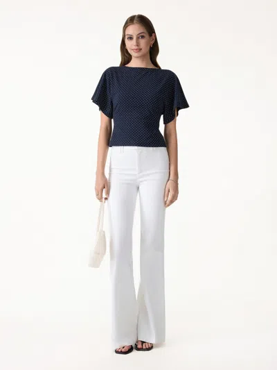 Oglmove Soft Stretch Cotton Boatneck Flutter Sleeves Polka Dot Top In Blue