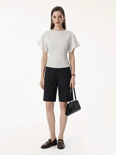 Oglmove Soft Stretch Cotton Boatneck Flutter Sleeves Polka Dot Top In Neutral
