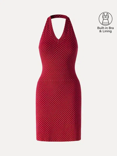 Oglmove Soft Stretch Cotton Halter Neck Polka Dot Mini Bra Dress In Black