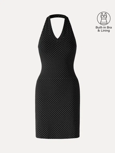 Oglmove Soft Stretch Cotton Halter Neck Polka Dot Mini Bra Dress In Black