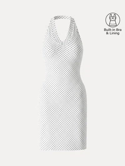 Oglmove Soft Stretch Cotton Halter Neck Polka Dot Mini Bra Dress In White