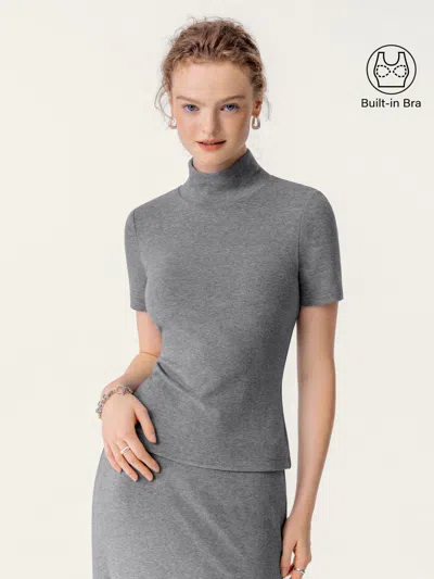 Oglmove Soft Thermal Mockneck Short Sleeve Brami Top In Heather Carbon