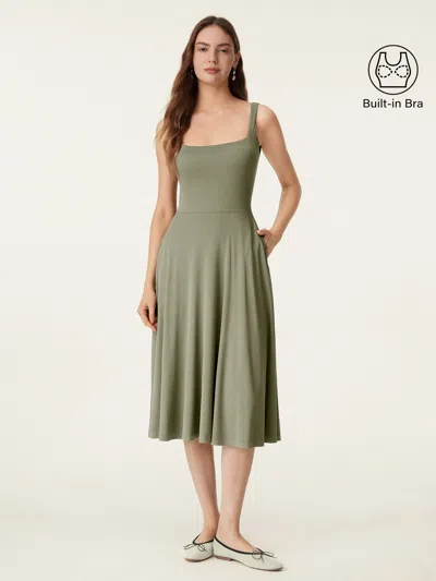 Oglmove Square Neck Flowy New Airy Bra Midi Dress