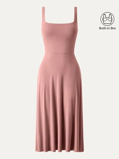 Oglmove Square Neck Flowy New Airy Bra Midi Dress In Sand