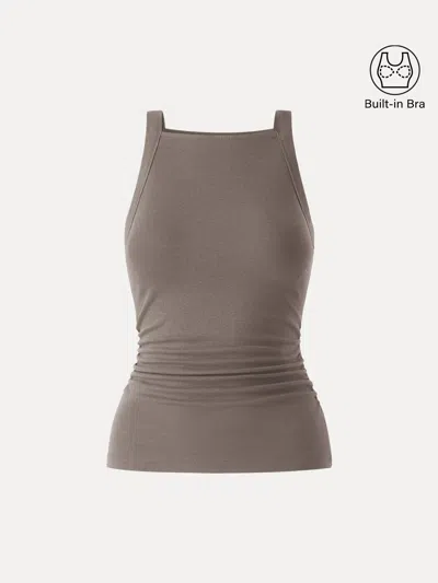 Oglmove Square Neck Ruched Rib Bra Tank In Brown