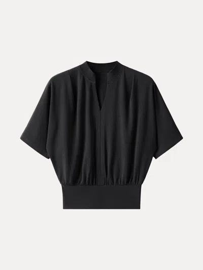 Oglmove Stand Collar V-neck Short Sleeve Top In Black