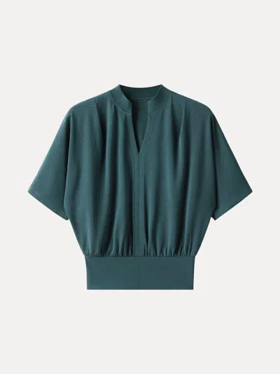 Oglmove Stand Collar V-neck Short Sleeve Top In Blue