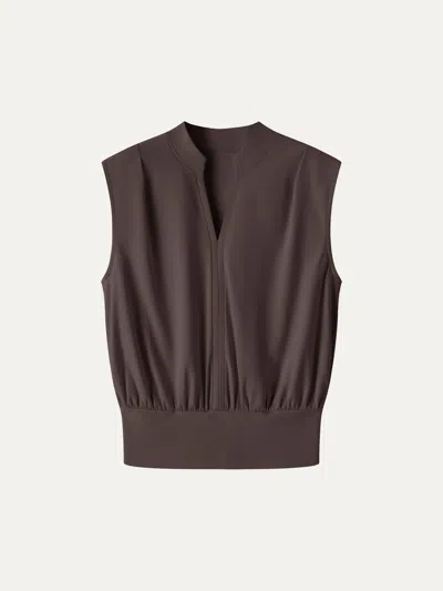 Oglmove Cotton-viscose V-neck Stand Collar Sleeveless Top In Brown