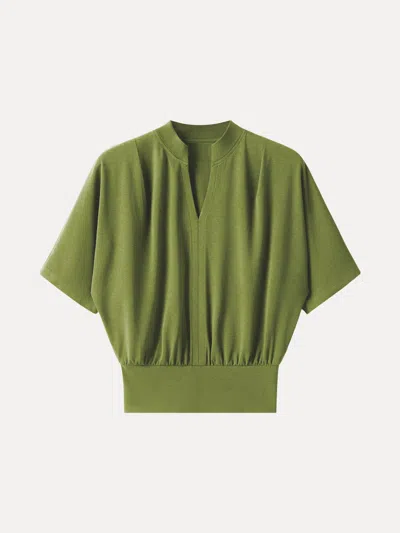 Oglmove Stand Collar V-neck Short Sleeve Top In Green