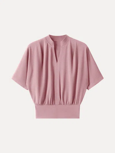 Oglmove Stand Collar V-neck Short Sleeve Top In Pink