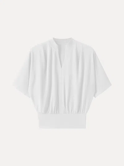 Oglmove Stand Collar V-neck Short Sleeve Top In White