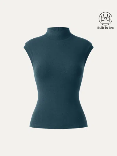 Oglmove Stretch Cotton Mock Neck Cap Sleeve Brami Top In Forest Night