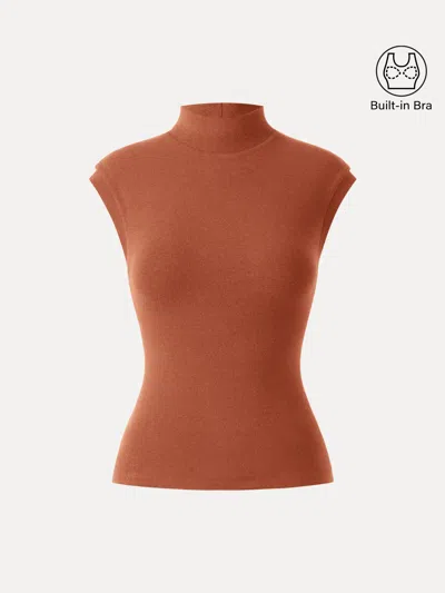 Oglmove Stretch Cotton Mock Neck Cap Sleeve Brami Top In Savanna Orange