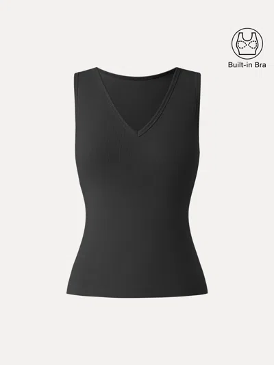 Oglmove Stretch Cotton Pointelle V-neck Sleeveless Bra Tank In Black