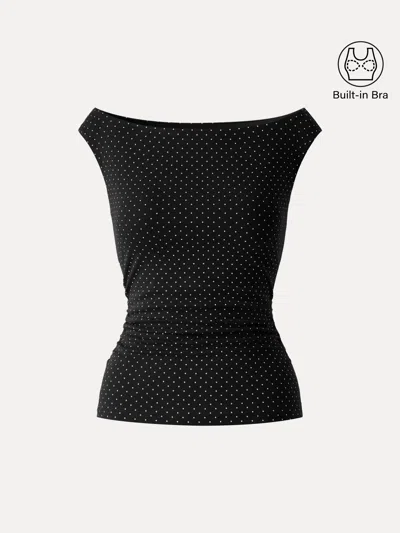 Oglmove Stretch Cotton Polka Dot Boatneck Ruched Bra Top In Black