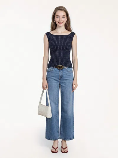 Oglmove Stretch Cotton Polka Dot Boatneck Ruched Bra Top In Blue