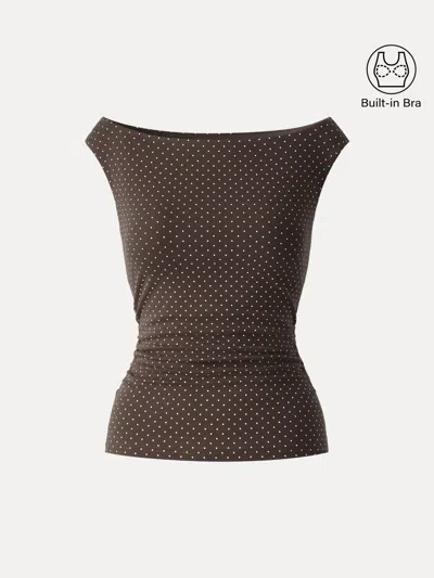 Oglmove Stretch Cotton Polka Dot Boatneck Ruched Bra Top In Brown