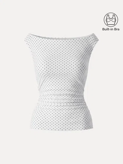 Oglmove Stretch Cotton Polka Dot Boatneck Ruched Bra Top In White
