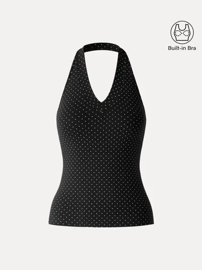 Oglmove Stretch Cotton Polka Dot Halter Neck Open Back Bra Top In Black