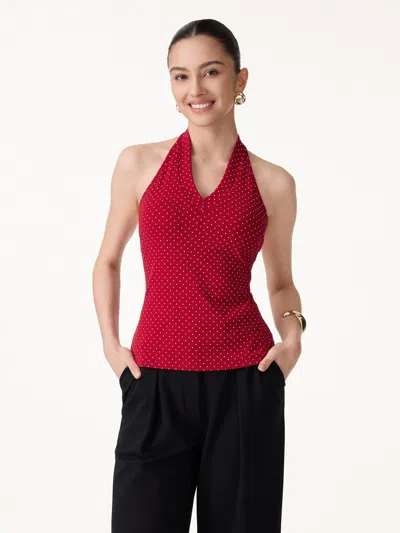 Oglmove Stretch Cotton Polka Dot Halter Neck Open Back Bra Top In Red