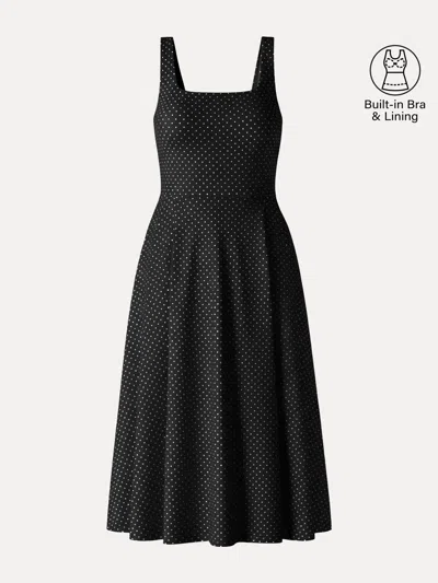 Oglmove Stretch Cotton Polka Dot Square Neck Midi Bra Dress With Pockets In Black