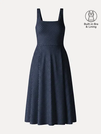 Oglmove Stretch Cotton Polka Dot Square Neck Midi Bra Dress With Pockets In Blue