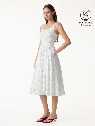 Oglmove Stretch Cotton Polka Dot Square Neck Midi Bra Dress With Pockets In White
