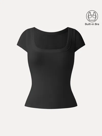 Oglmove Stretch Cotton Square Neck Cap Sleeve Bra Top In Black