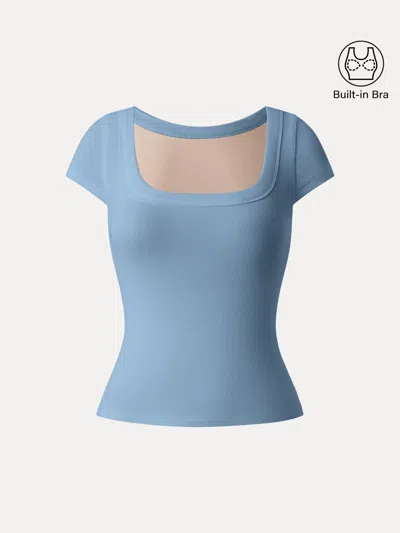 Oglmove Stretch Cotton Square Neck Cap Sleeve Bra Top In Blue
