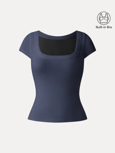 Oglmove Stretch Cotton Square Neck Cap Sleeve Bra Top In Blue