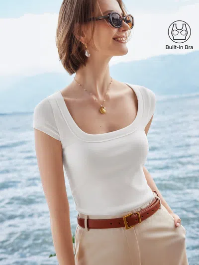 Oglmove Stretch Cotton Square Neck Cap Sleeve Bra Top In White