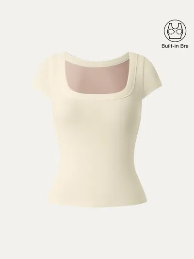 Oglmove Stretch Cotton Square Neck Cap Sleeve Bra Top In Yellow