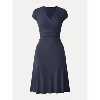 Oglmove Stretch Cotton Surplice V-neck Cap Sleeve Midi Dress In Blue