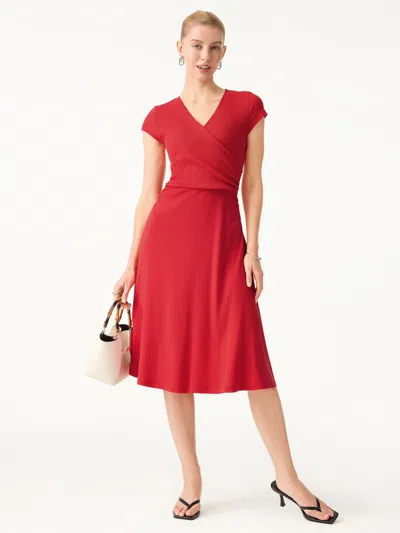 Oglmove Stretch Cotton Surplice V-neck Cap Sleeve Midi Dress In Red