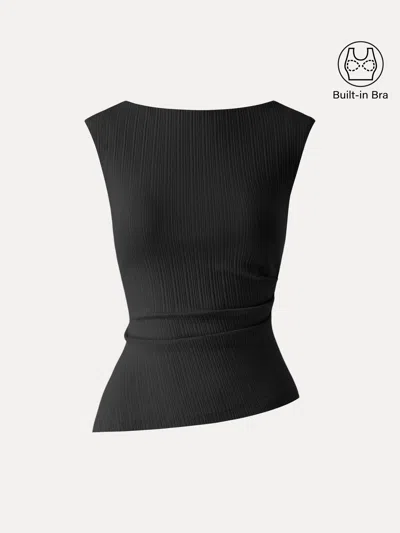Oglmove Stretch Cotton Tucked Asymmetrical Hem Bra Top In Black