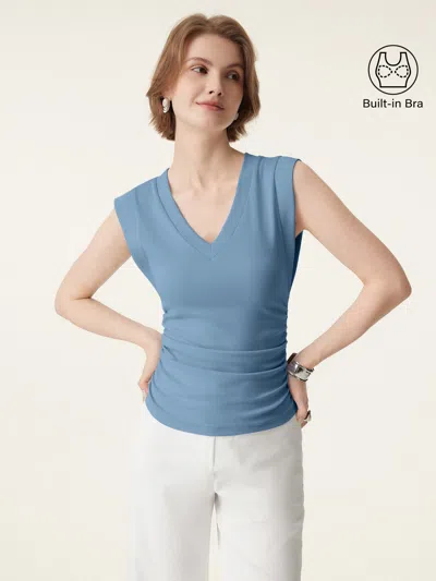 Oglmove Stretch Cotton V-neck Side Ruched Muscle Bra Top In Blue