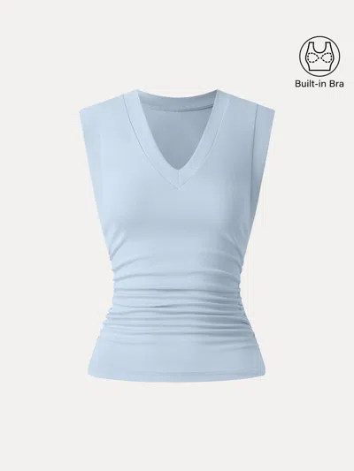 Oglmove Stretch Cotton V-neck Side Ruched Muscle Bra Top In Blue