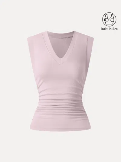 Oglmove Stretch Cotton V-neck Side Ruched Muscle Bra Top In Pink