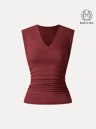 Oglmove Stretch Cotton V-neck Side Ruched Muscle Bra Top In Red
